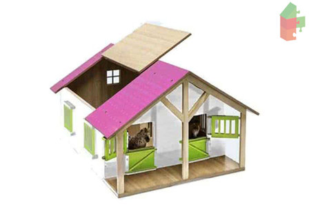 Kids Globe Set Holz-Pferdestall mit 2 Boxen &amp; Lager +Mitsubishi mit Pferdetrailer 27 cm 1:24 Rosa Dach
