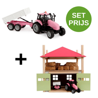 Kids Globe Set Heuschober aus Holz mit Speicher + Traktor mit Anh&auml;nger 1:32 Rosa
