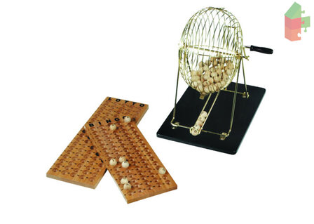 Bingo-M&uuml;hle komplett mit Holzsteuerungstafel und 90 Holzkugeln