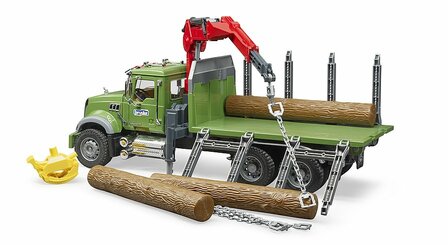MACK Granite Holztransport-LKW mit Ladekran, Greifer und 3 Baumst&auml;mmen
