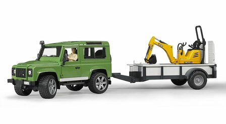 Land Rover Defender Station Wagon mit Einachsanh&auml;nger, JCB Mikrobagger 8010 CTS und Bauarbeiter