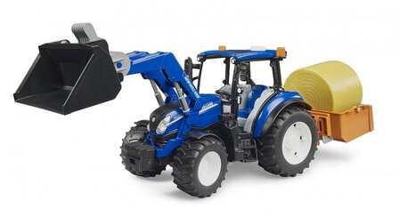 Bruder Tractor New Holland T5.120 met frontlader, laadbak, vorken en ronde strobaal