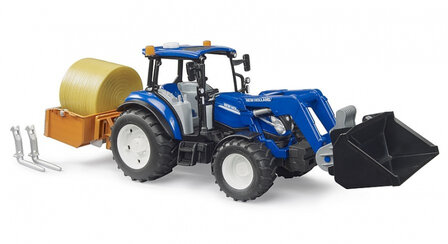 Bruder Tractor New Holland T5.120 met frontlader, laadbak, vorken en ronde strobaal