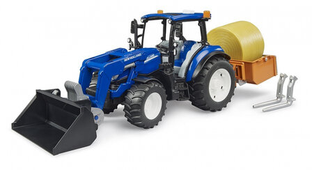 Bruder Tractor New Holland T5.120 met frontlader, laadbak, vorken en ronde strobaal