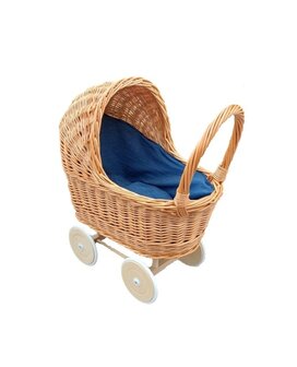 Rieten poppenwagen met kap jeans