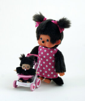 Monchhichi Mutter mit Baby und Kinderwagen 20 cm Pl&uuml;schfigur
