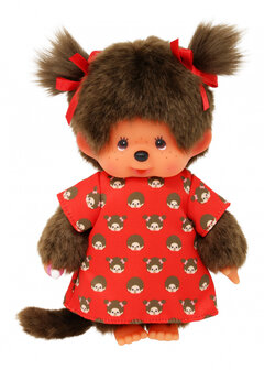 Monchhichi Puppe M&auml;dchen 20 cm rotes Kleid Motivdruck Schleifen
