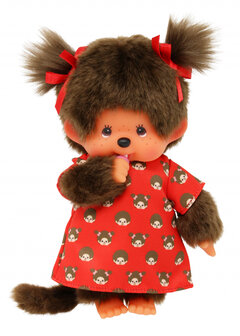 Monchhichi Puppe M&auml;dchen 20 cm rotes Kleid Motivdruck Schleifen