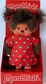 Monchhichi Puppe M&auml;dchen 20 cm rotes Kleid Motivdruck Schleifen