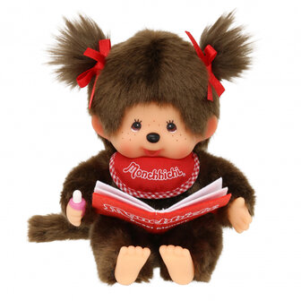 Monchhichi M&auml;dchen mit Buch 20 cm - braunes Pl&uuml;sch, rote Schleifen