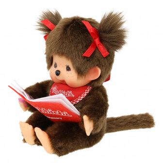 Monchhichi M&auml;dchen mit Buch 20 cm - braunes Pl&uuml;sch, rote Schleifen