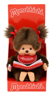 Monchhichi M&auml;dchen mit Buch 20 cm - braunes Pl&uuml;sch, rote Schleifen