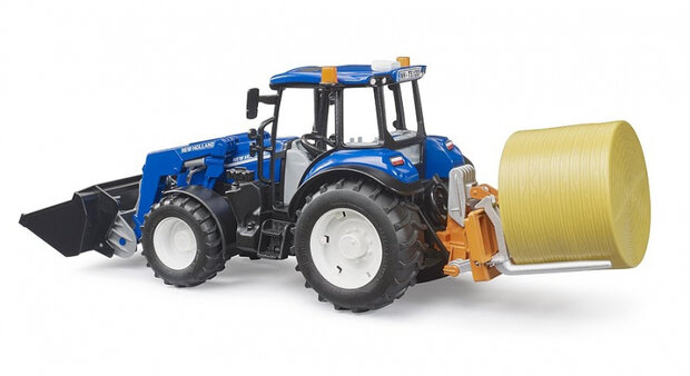 Bruder Tractor New Holland T5.120 met frontlader, laadbak, vorken en ronde strobaal