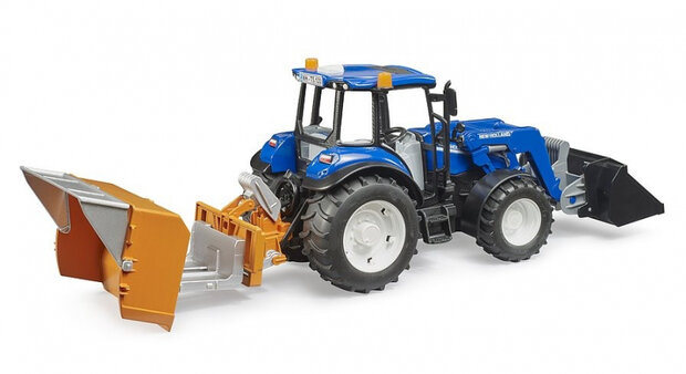 Bruder Tractor New Holland T5.120 met frontlader, laadbak, vorken en ronde strobaal