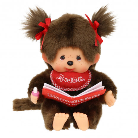 Monchhichi M&auml;dchen mit Buch 20 cm - braunes Pl&uuml;sch, rote Schleifen