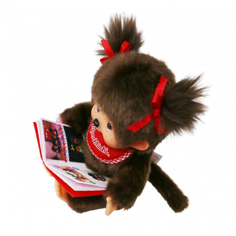 Monchhichi M&auml;dchen mit Buch 20 cm - braunes Pl&uuml;sch, rote Schleifen