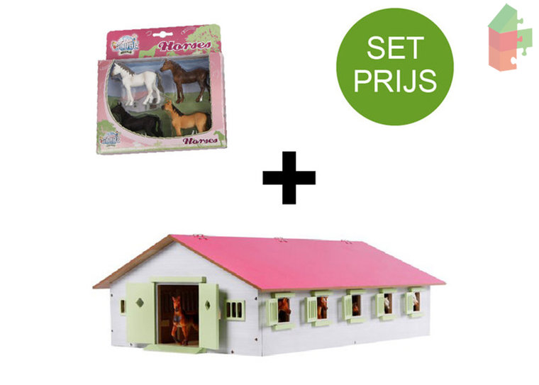 Kids Globe Set Pferdestall mit 9 Pferdeboxen in Rosa  (1:32) + 4 Pferde