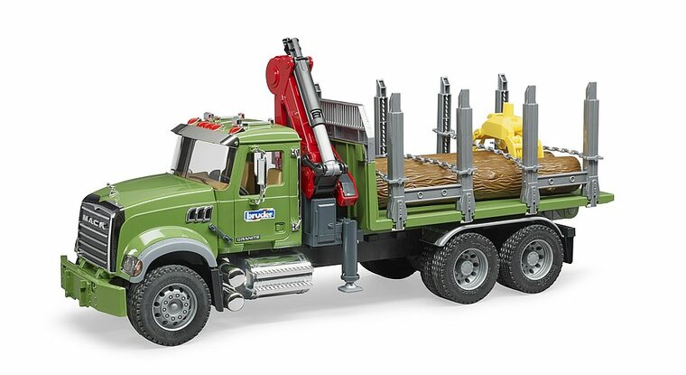 MACK Granite Holztransport-LKW mit Ladekran, Greifer und 3 Baumst&auml;mmen