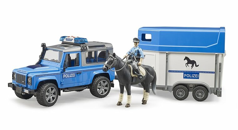 Bruder Land Rover Defender Polizeifahrzeug, Pferdeanh&auml;nger, 1 Pferd und Polizist