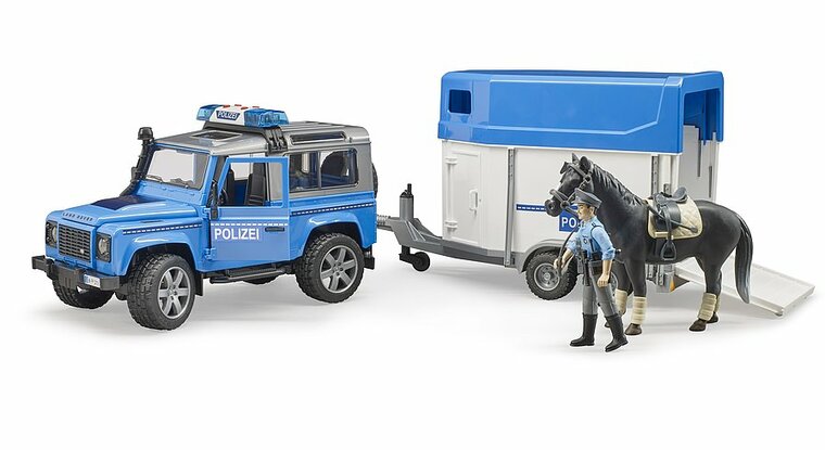 Bruder Land Rover Defender Polizeifahrzeug, Pferdeanh&auml;nger, 1 Pferd und Polizist