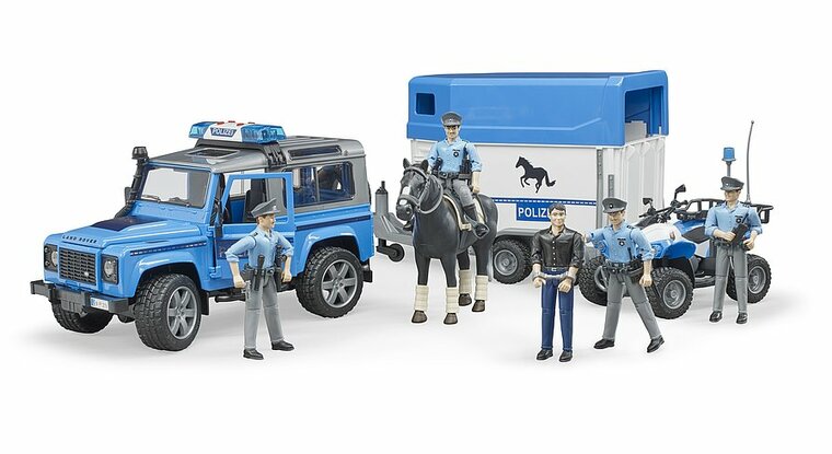 Bruder Land Rover Defender Polizeifahrzeug, Pferdeanh&auml;nger, 1 Pferd und Polizist