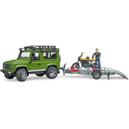 Bruder Land Rover Defender mit Anh&auml;nger, Scrambler Ducati Full Throttle und Fahrer