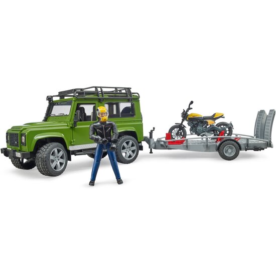 Bruder Land Rover Defender mit Anh&auml;nger, Scrambler Ducati Full Throttle und Fahrer