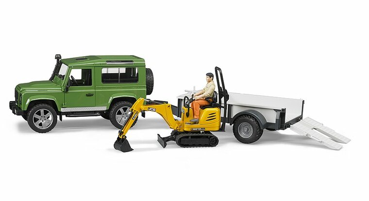 Land Rover Defender Station Wagon mit Einachsanh&auml;nger, JCB Mikrobagger 8010 CTS und Bauarbeiter