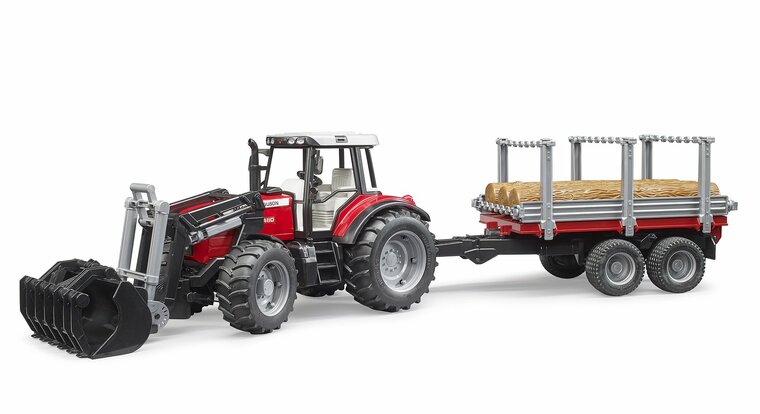 Massey Ferguson 7480 mit Frontlader, Holztransportanh&auml;nger und 3 Baumst&auml;mmen