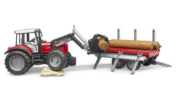 Massey Ferguson 7480 mit Frontlader, Holztransportanh&auml;nger und 3 Baumst&auml;mmen