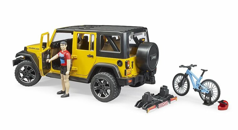 Bruder Jeep Wrangler Rubicon Unlimited mit Mountainbike und Radfahrer