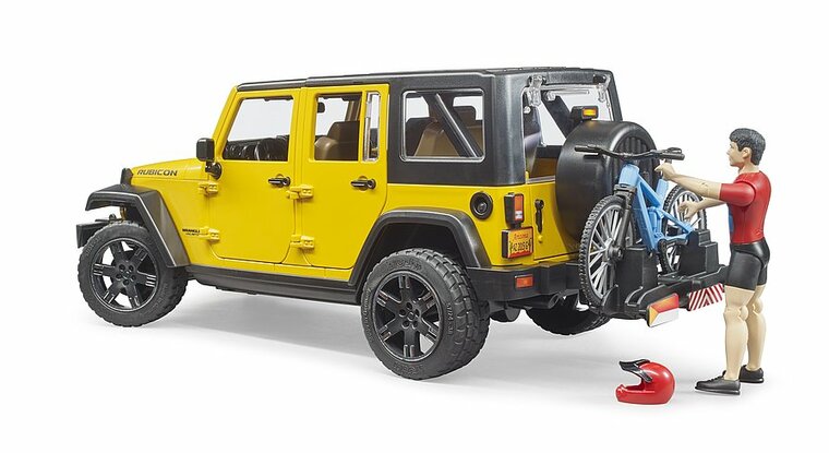 Bruder Jeep Wrangler Rubicon Unlimited mit Mountainbike und Radfahrer