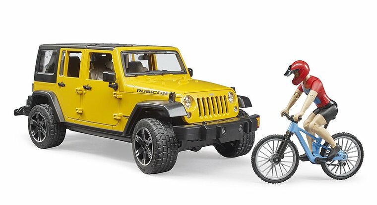 Bruder Jeep Wrangler Rubicon Unlimited mit Mountainbike und Radfahrer