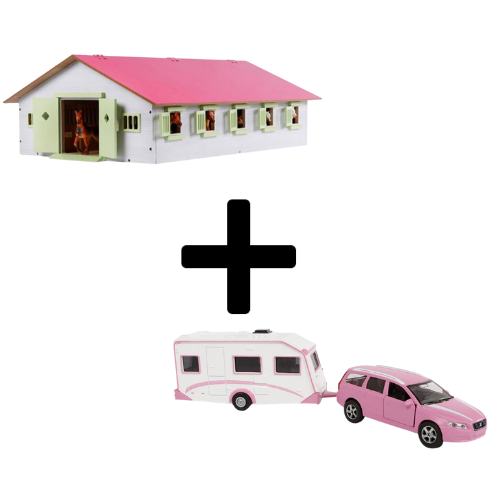 Kids Globe Set Holz-Pferdestall mit 9 Boxen + Volvo mit Wohnwagen (rosa) 1:32