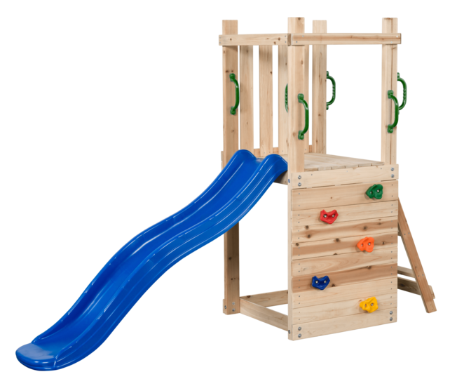 Mari Spielplatz aus Holz mit blauer Rutsche