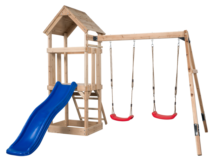 Noa Spielplatz aus Holz mit blauer Rutsche