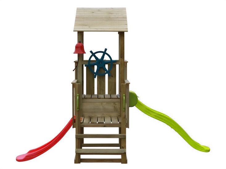 Piratenholzspielplatz inkl. 2 Rutschen - Prestige Garden lange Spitze limettengrün - kurz rot