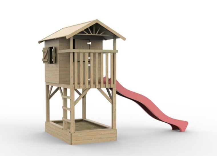 Holzspielhaus Baumhütte mit Sandkasten und roter Rutsche - Prestige Garden