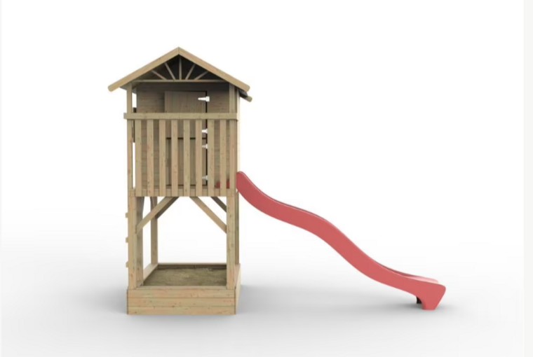 Holzspielhaus Baumhütte mit Sandkasten und roter Rutsche - Prestige Garden
