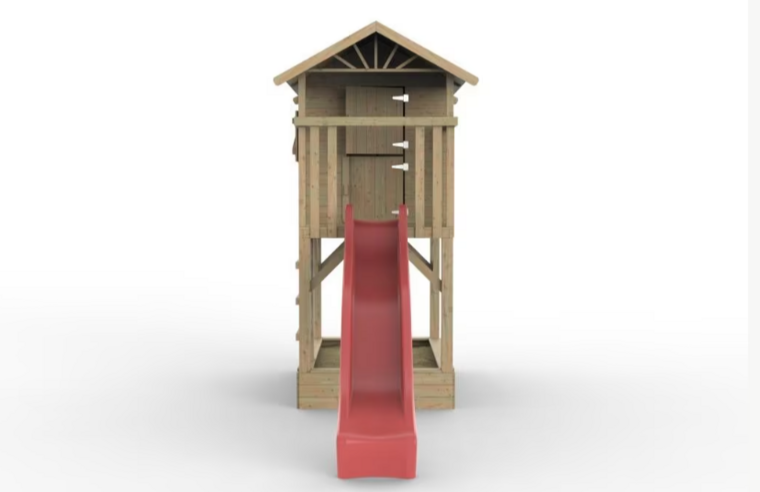 Holzspielhaus Baumhütte mit Sandkasten und roter Rutsche - Prestige Garden