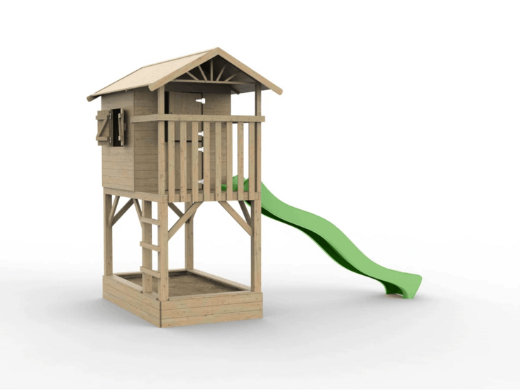 Holzspielhaus Baumhütte mit Sandkasten und apfelgrüner Rutsche - Prestige Garden