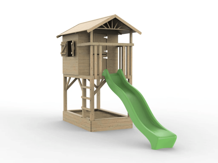 Holzspielhaus Baumhütte mit Sandkasten und apfelgrüner Rutsche - Prestige Garden