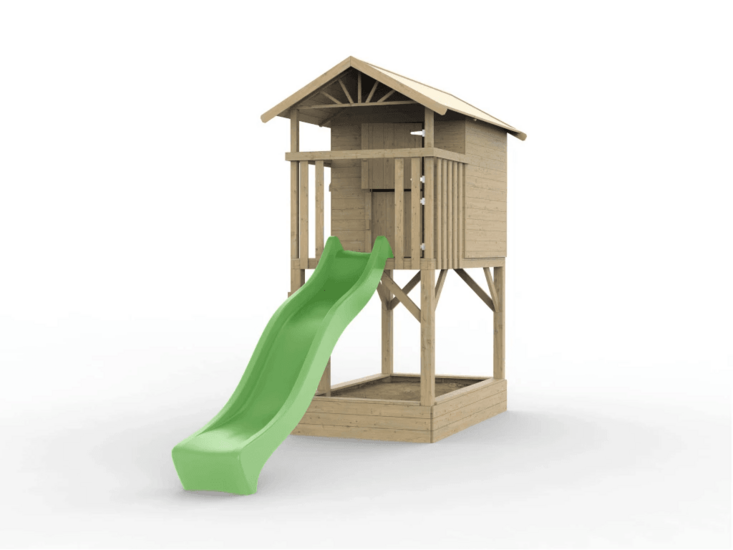 Holzspielhaus Baumhütte mit Sandkasten und apfelgrüner Rutsche - Prestige Garden