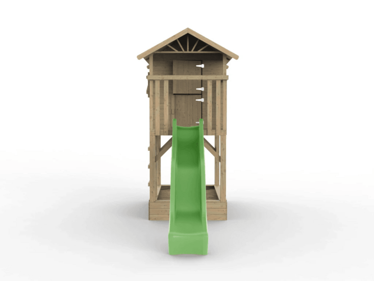 Holzspielhaus Baumhütte mit Sandkasten und apfelgrüner Rutsche - Prestige Garden
