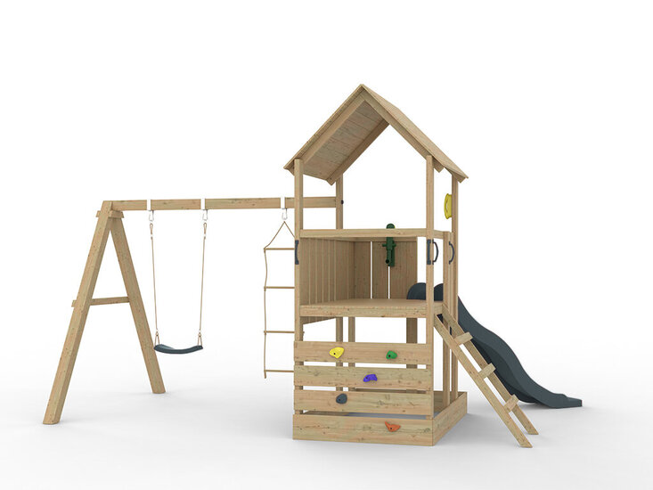 Hölzerner Spielplatz Jungle Tower + anthrazit Rutsche
