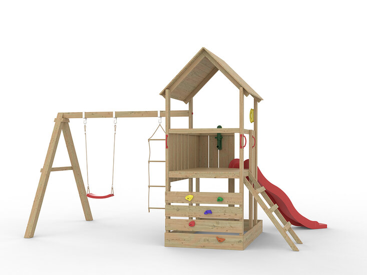 Hölzerner Spielplatz Jungle Tower + rote Rutsche