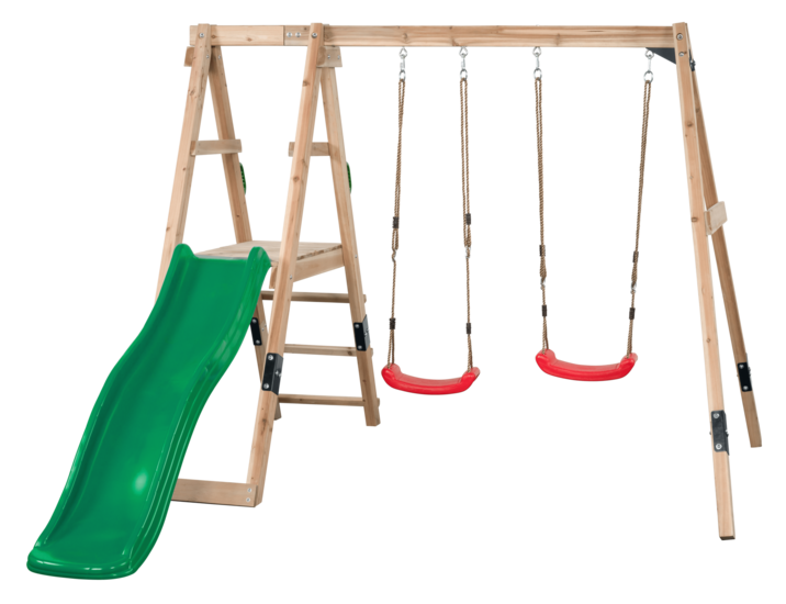Holzspielplatz Ava mit grüner Rutsche