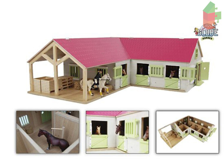 Kids Globe Pferdeeckstall mit 3 Boxen und Abstellraum 1:24 68X77X27 cm Rosa