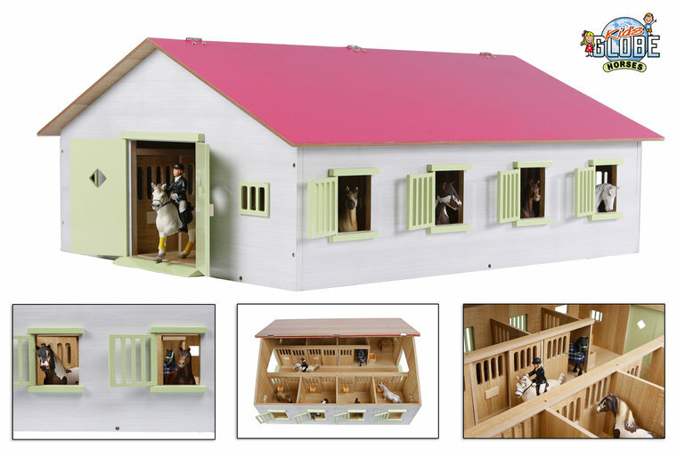Kids Globe Set Holzpferdestall mit 7 Boxen + Mitsubishi mit Pferdeanhänger ( Rosa) 1:24