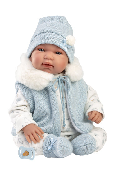 Llorens pop TINO rn 44 cm Blauwe romper met coupuchon